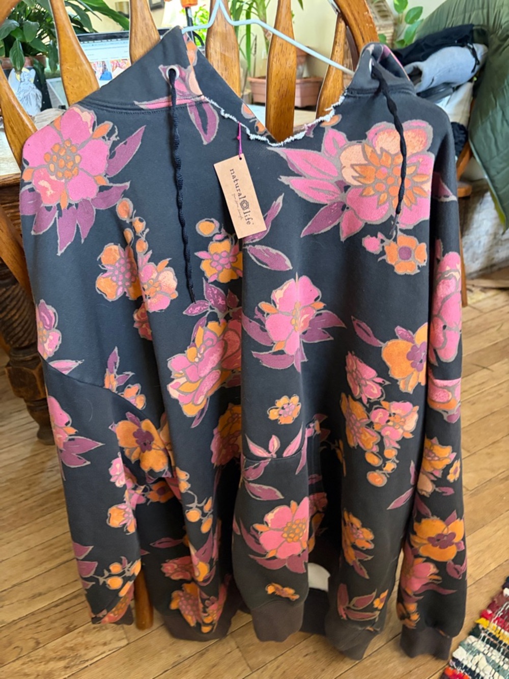 NATURAL LIFE Black Crewneck Sweater with Pink & Orange Floral Print